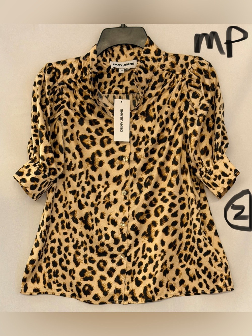 DKNY Leopard Print Button-Down Blouse in Tan and Black